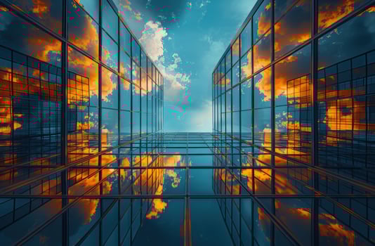 Symmetrical office building reflecting colorful sky urban architectural design photo
