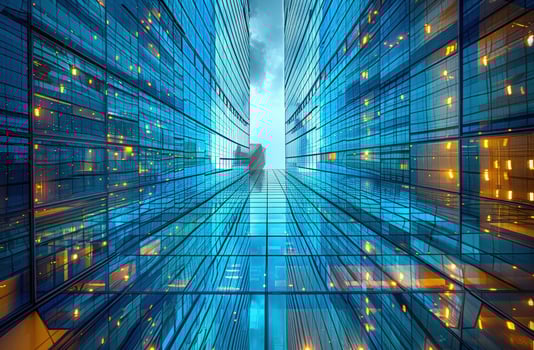 Modern architecture blue glass building exterior worms eye view photo
