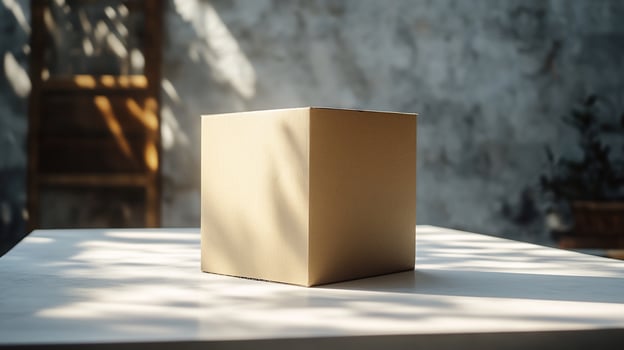 A box sitting on a table in front of a wall photo