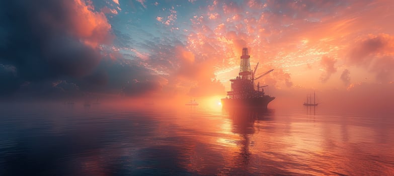 Offshore oil rig at sunset silhouette in calm waters energy production photo
