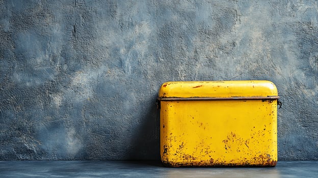 Rusted yellow metal box against a textured grey wall photo