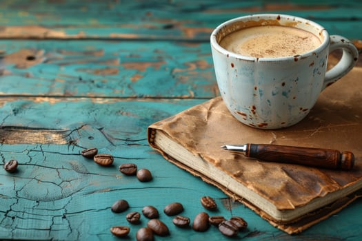 Coffee cup on open book with pen and coffee beans photo