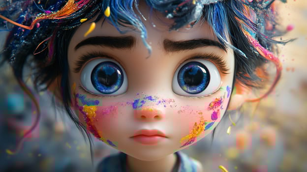 Closeup of a colorful, expressive, digital rendering of a girls face. photo