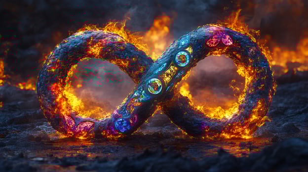 Fiery infinity symbol, burning, glowing embers, volcanic rock photo