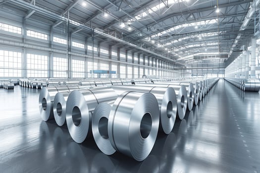 Metal coil rolls in industrial manufacturing factory warehouse photo