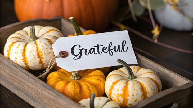 Grateful Thanksgiving Rustic Wooden Tray with Pumpkins and Decorative Tag, Autumn Still Life photo
