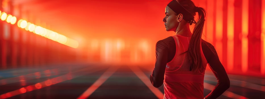 Active woman running indoors under red light photo