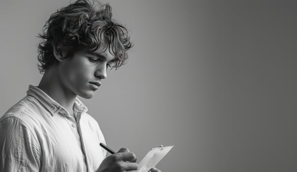 Young adult writing on clipboard in monochrome portrait with copy space photo