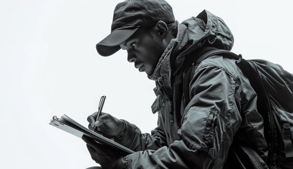 Person writing on clipboard wearing cap and jacket photo