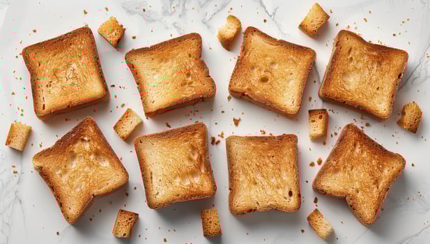 Golden toast and croutons on white surface overhead food photography photo