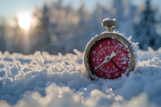 Frosty gauge in winter snow landscape close up photo