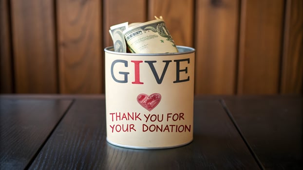 Donation Can with GIVE message filled with US Currency on a Wooden Table, Charity, Support, and Generosity Concept photo