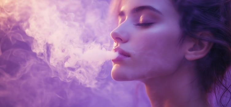 Woman exhaling vapor, purple smoke, closeup. photo