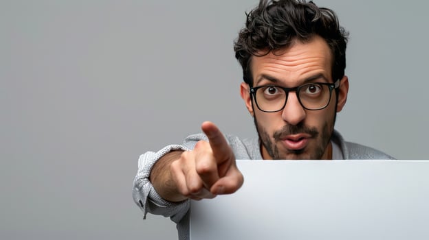 Man pointing finger behind white board against gray background photo