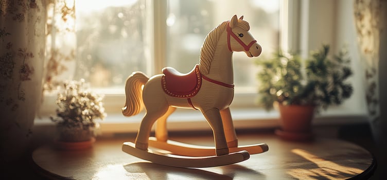 Wooden rocking horse on window sill, bathed in sunlight. photo