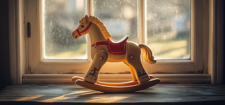 Vintage rocking horse toy sits on windowsill bathed in sunlight. photo