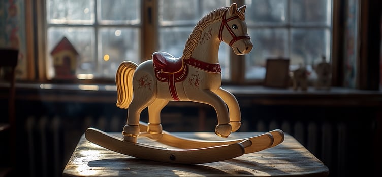 Vintage rocking horse toy on wooden table by window. photo