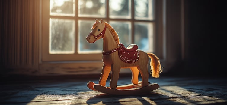 Wooden rocking horse toy by window in sunlight. photo