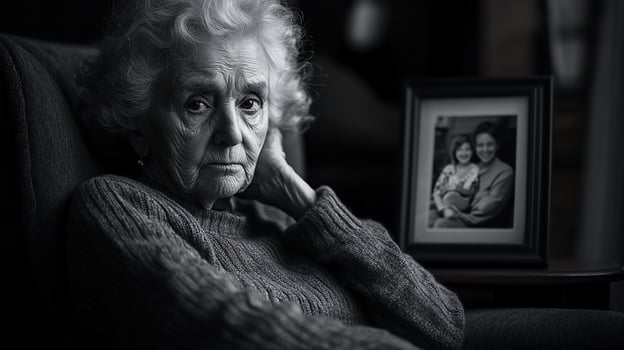 Elderly woman sits pensively, a framed photo of her younger self and child nearby.