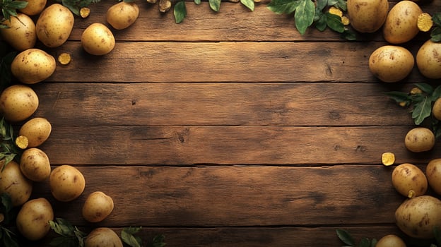 Fresh potatoes and green leaves on rustic wood. photo
