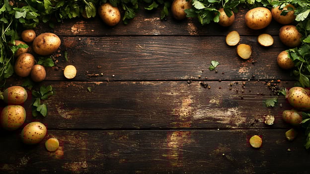 Fresh potatoes and parsley on rustic wooden background. photo
