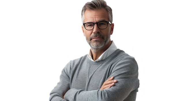 Professional portrait of mature man with eyeglasses in gray sweater against white background photo