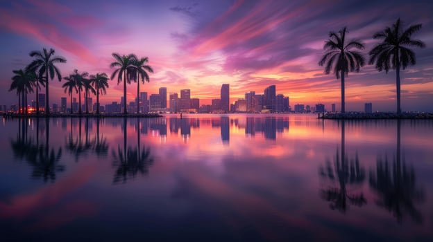 Tropical cityscape palm trees silhouette sunset reflection water urban skyline photo