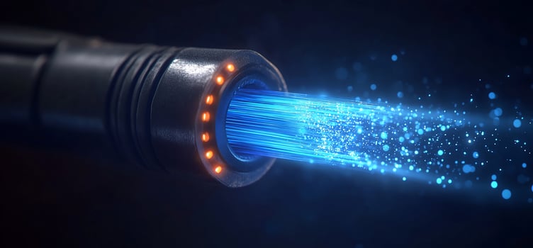 Futuristic fiber optic cable emitting blue light streams. photo