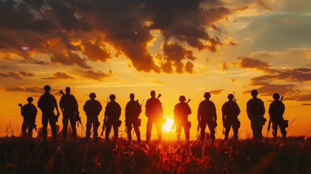 Silhouetted soldiers at sunset teamwork and defense concept photo