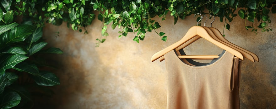 Beige sleeveless top hanging on wooden hangers, greenery background. photo