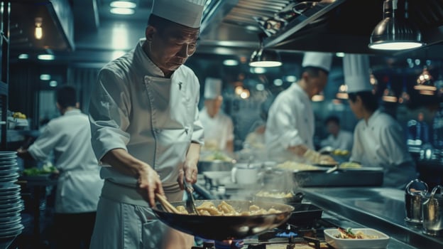 Professional chef cooking meal in restaurant kitchen photo