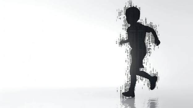 Child running silhouette with digital matrix code overlay technology concept photo