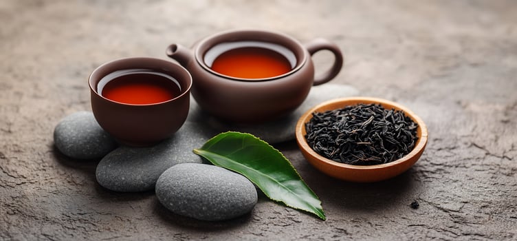 Tea ceremony teapot, cups, leaves, stones. photo
