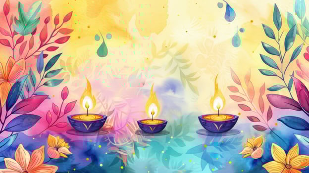 Festive watercolor illustration with candles flowers and leaf patterns for celebrations and holiday backgrounds photo