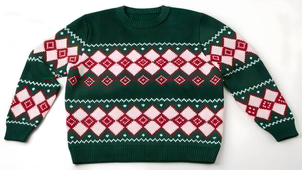 Festive Green Christmas Sweater with Red and White Argyle Pattern on White Background, Cozy Holiday Apparel, Winter Fashion photo