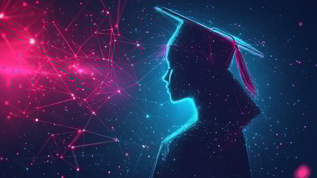 Here's a description for your stock photo Graduate silhouette, glowing network, future