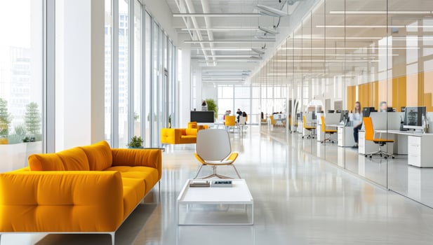 Modern open office interior with bright light and contemporary design elements photo