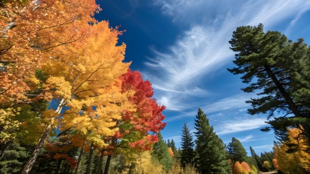 Autumn Foliage Symphony Vibrant Fall Colors, Aspen Trees, Blue Sky, and Whispy Clouds Scenic Landscape photo