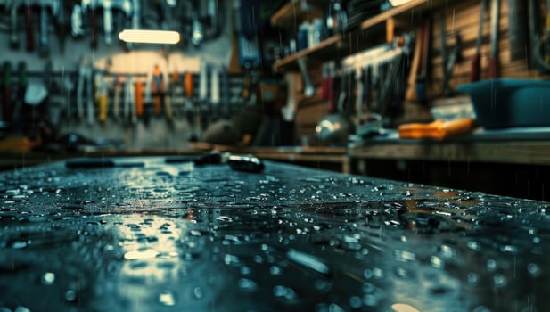 Raindrops on a workshop table reflecting interior tools photo