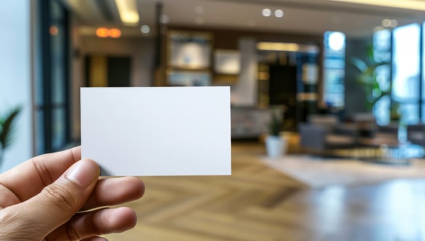 Blank white card in hand displaying information or message in corporate business setting photo