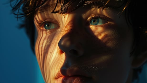 Dramatic close up of person face with light and shadow stripe pattern photo