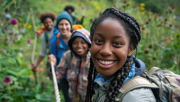 Group of young adult friends hiking together in nature with rope photo