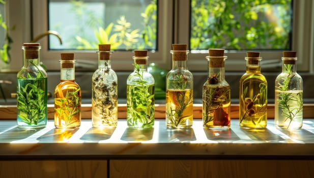 Herb infused oil bottles in natural kitchen light culinary concept photo