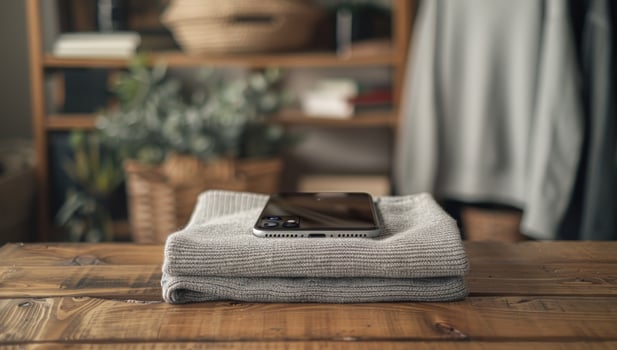 Mobile phone on folded knitwear for technology and lifestyle concepts photo
