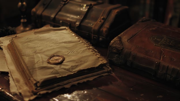 Antique book collection with aged papers and leather chest photo