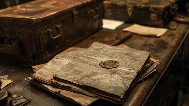 Vintage documents stacked on wooden table with antique chests history concept photo
