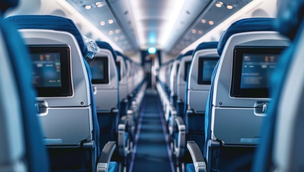 Airplane interior with seats and entertainment screens for air travel photo