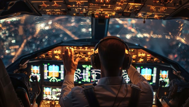 Pilot in airplane cockpit at night flying over city photo