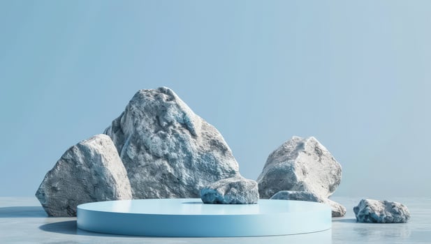 Minimalist blue pedestal with natural stone accents product showcase background photo
