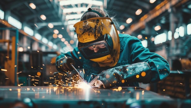 Metal worker welding steel with protective gear in factory setting photo